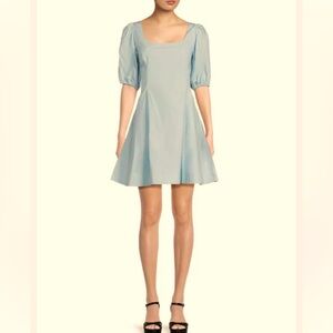 She + Sky Pale Blue Green Square Neck Puff Sleeve Flare Dress Milkmaid Coquette